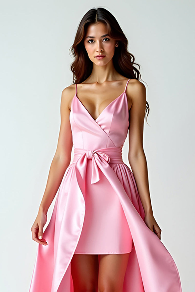 Load image into Gallery viewer, Pink Asymmetrical V-Neck High-Low Prom Dress