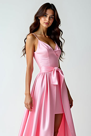 Pink Asymmetrical V-Neck High-Low Prom Dress