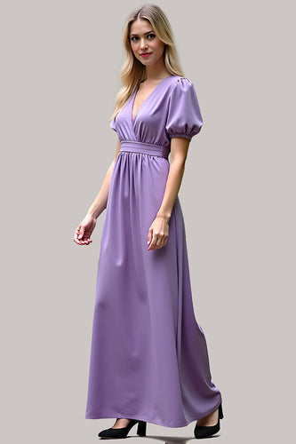 Purple V-Neck Long Satin Formal Dress with Puff Sleeves