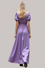 Load image into Gallery viewer, Purple V-Neck Long Satin Formal Dress with Puff Sleeves