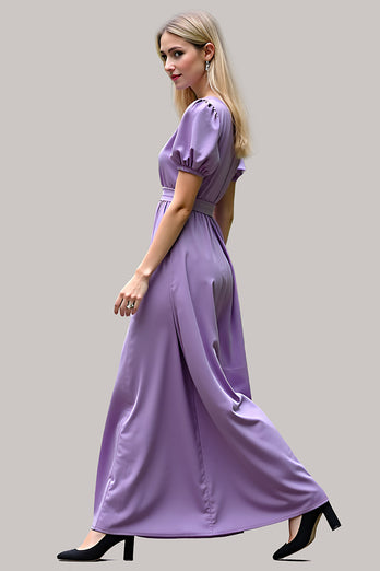 Purple V-Neck Long Satin Formal Dress with Puff Sleeves