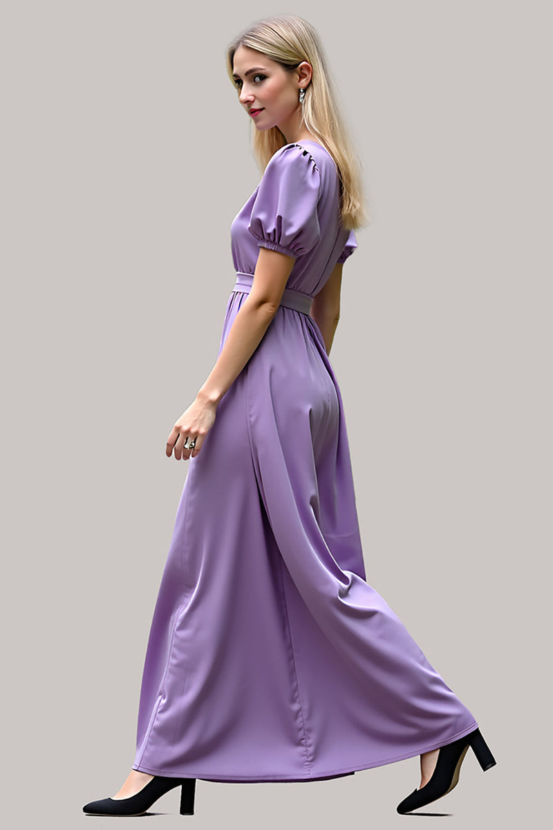 Load image into Gallery viewer, Purple V-Neck Long Satin Formal Dress with Puff Sleeves