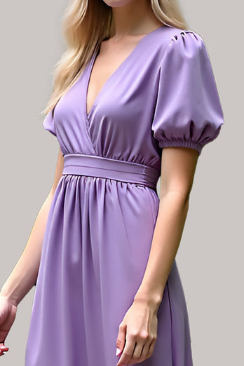 Purple V-Neck Long Satin Formal Dress with Puff Sleeves