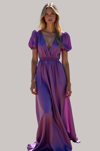 Purple Ruched Backless Long Formal Dress with Puff Sleeves