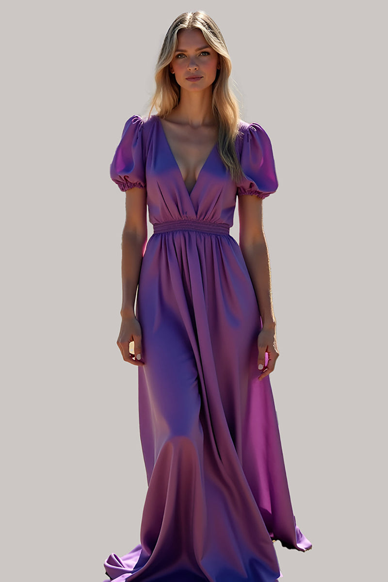 Load image into Gallery viewer, Purple Ruched Backless Long Formal Dress with Puff Sleeves