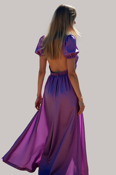 Purple Ruched Backless Long Formal Dress with Puff Sleeves