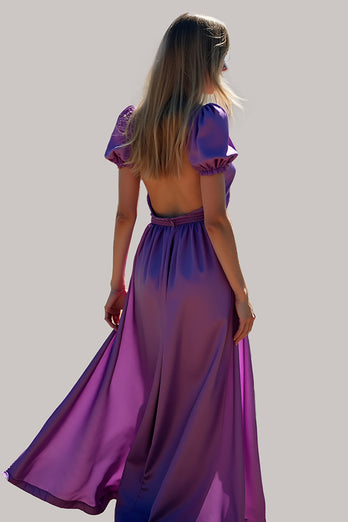 Purple Ruched Backless Long Formal Dress with Puff Sleeves