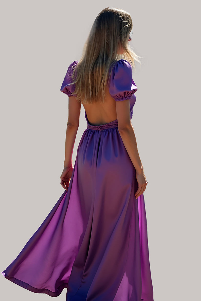 Load image into Gallery viewer, Purple Ruched Backless Long Formal Dress with Puff Sleeves