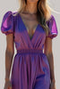 Load image into Gallery viewer, Purple Ruched Backless Long Formal Dress with Puff Sleeves