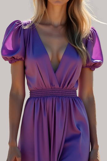 Purple Ruched Backless Long Formal Dress with Puff Sleeves