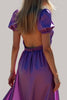 Load image into Gallery viewer, Purple Ruched Backless Long Formal Dress with Puff Sleeves