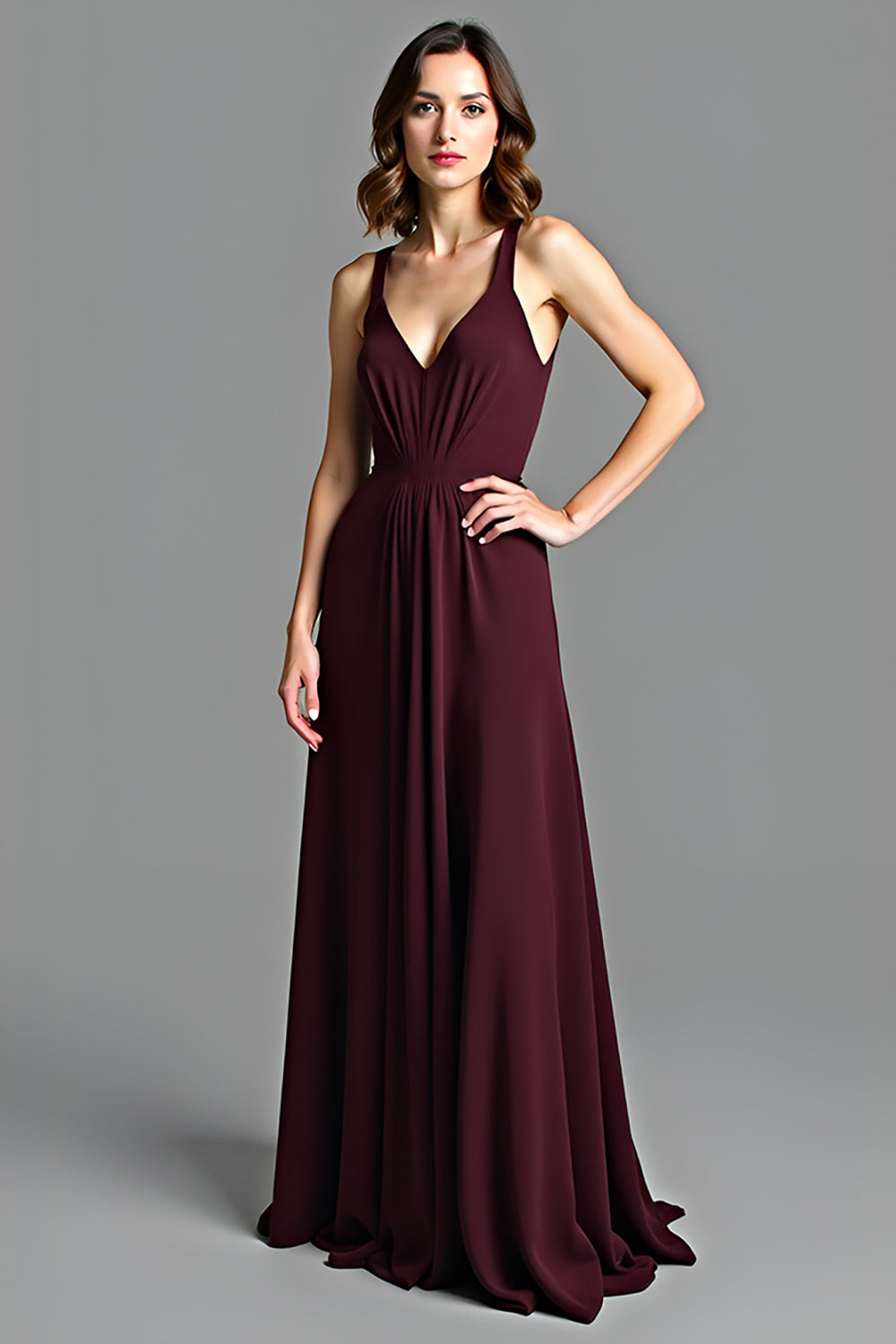 Cabernet V-Neck A Line Long Formal Dress