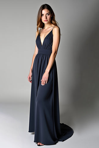 Navy Spagehtti Straps A Line Long Chiffon Bridesmaid Dress