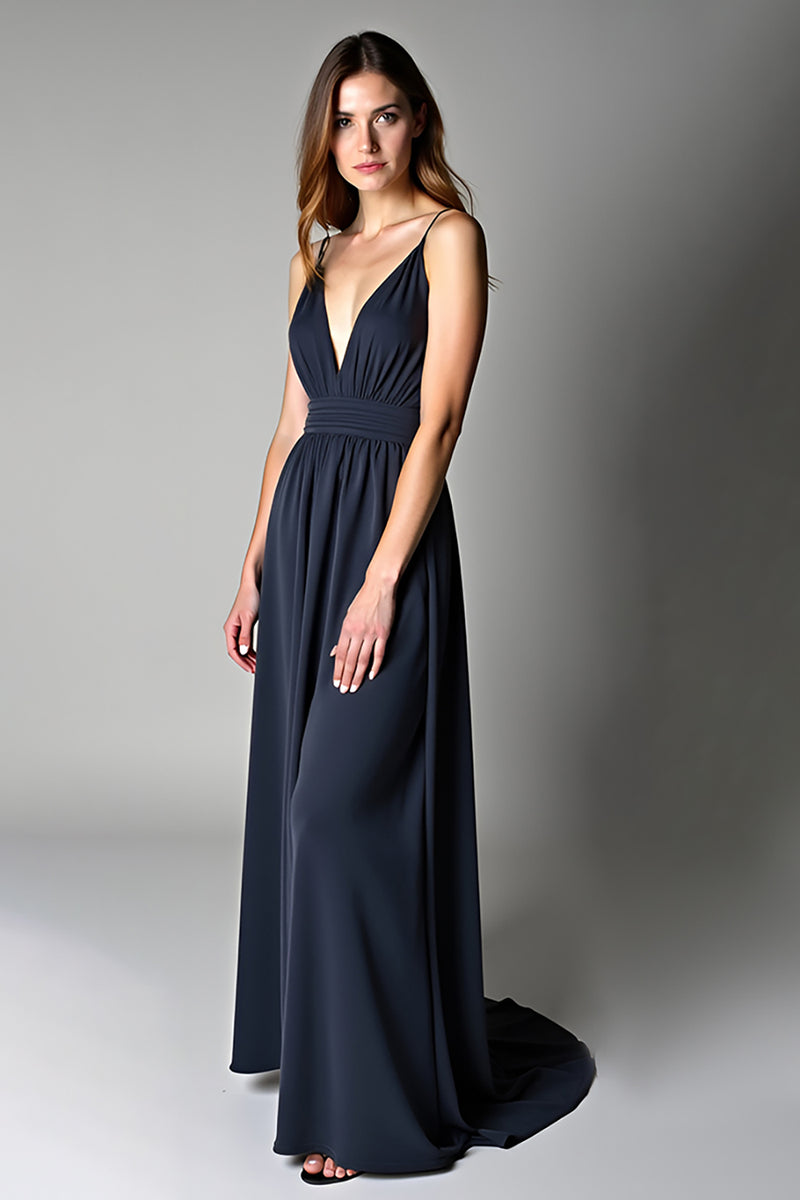 Load image into Gallery viewer, Navy Spagehtti Straps A Line Long Chiffon Bridesmaid Dress