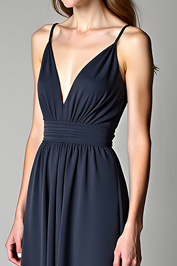 Navy Spagehtti Straps A Line Long Chiffon Bridesmaid Dress