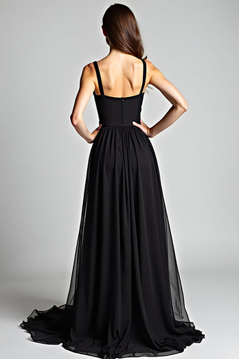 A Line Black Long V-Neck Formal Dress with Slit