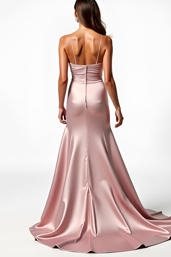 Dusty Rose Mermaid Long Satin Ruched Prom Dress with Slit