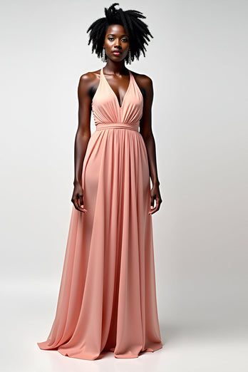 Blush Pink A Line Halter Ruched Long Formal Dress