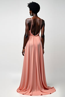 Blush Pink A Line Halter Ruched Long Formal Dress