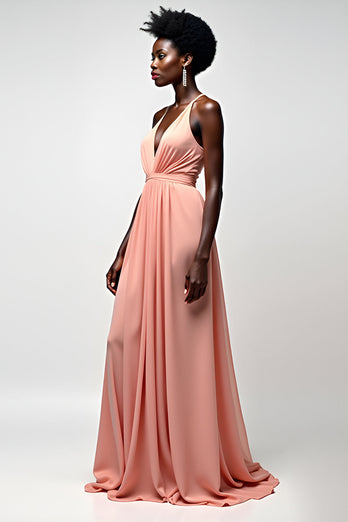 Blush Pink A Line Halter Ruched Long Formal Dress