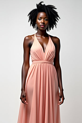 Blush Pink A Line Halter Ruched Long Formal Dress