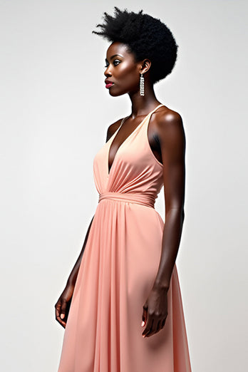 Blush Pink A Line Halter Ruched Long Formal Dress