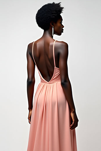 Blush Pink A Line Halter Ruched Long Formal Dress