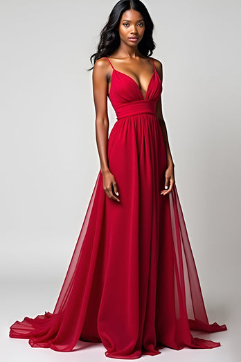 Red Spaghetti Straps Backless Ruched Long Formal Dress