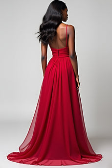 Red Spaghetti Straps Backless Ruched Long Formal Dress