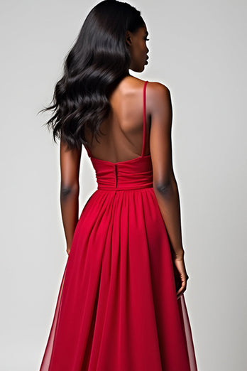 Red Spaghetti Straps Backless Ruched Long Formal Dress