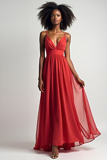 Red Flowy A Line Long Chiffon Bridesmaid Dress