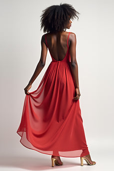 Red Flowy A Line Long Chiffon Bridesmaid Dress