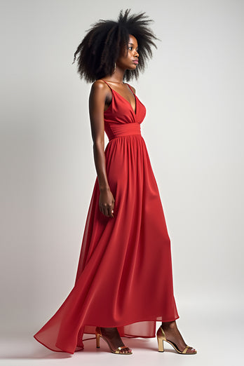 Red Flowy A Line Long Chiffon Bridesmaid Dress