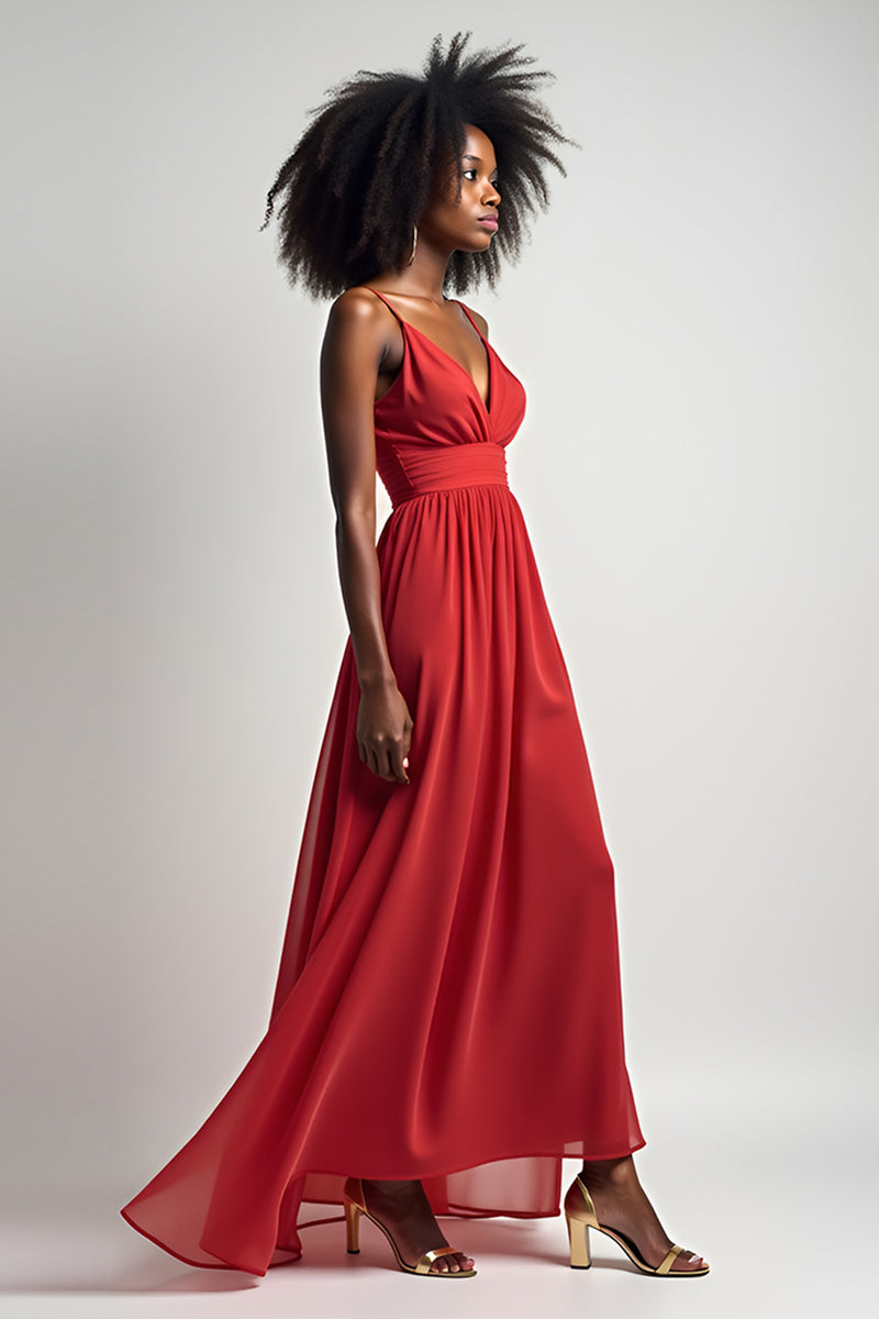 Load image into Gallery viewer, Red Flowy A Line Long Chiffon Bridesmaid Dress