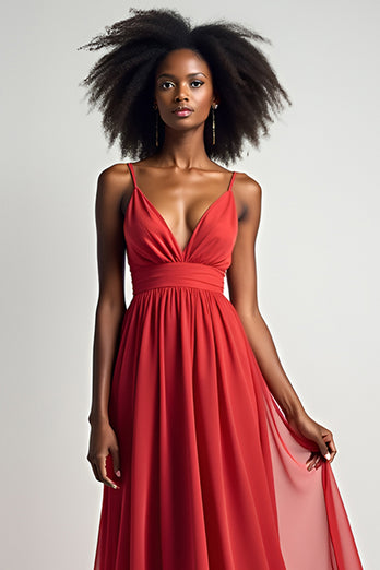 Red Flowy A Line Long Chiffon Bridesmaid Dress