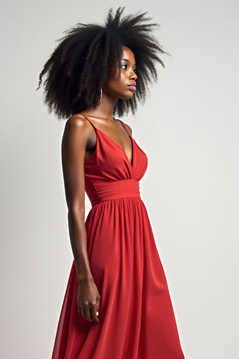 Red Flowy A Line Long Chiffon Bridesmaid Dress