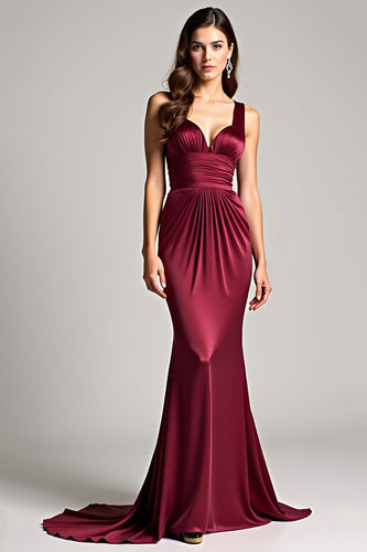 Burgundy Sheath Backless Ruched Satin Long Formal Dress