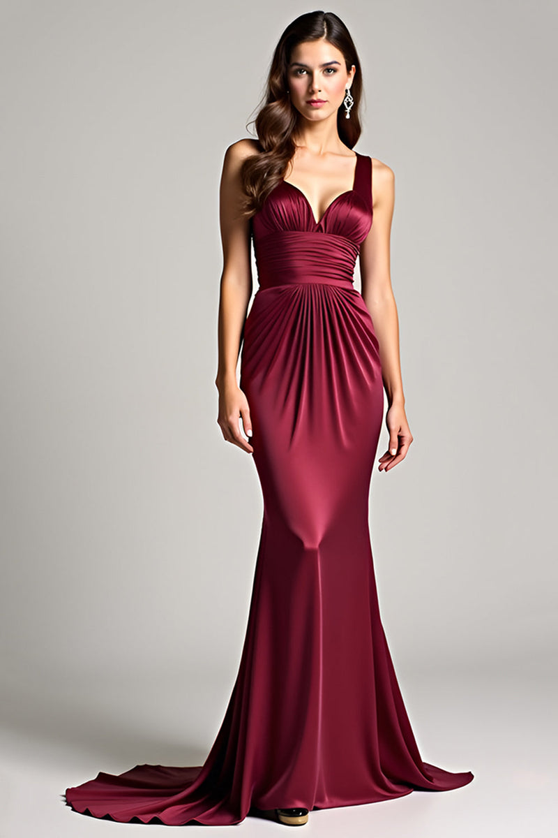 Load image into Gallery viewer, Burgundy Sheath Backless Ruched Satin Long Formal Dress