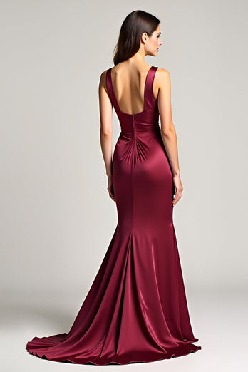 Burgundy Sheath Backless Ruched Satin Long Formal Dress