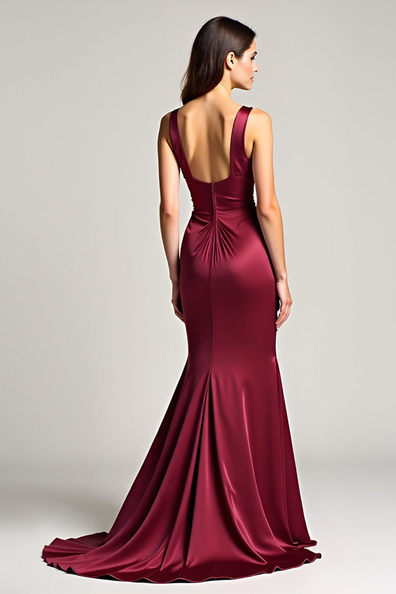 Load image into Gallery viewer, Burgundy Sheath Backless Ruched Satin Long Formal Dress