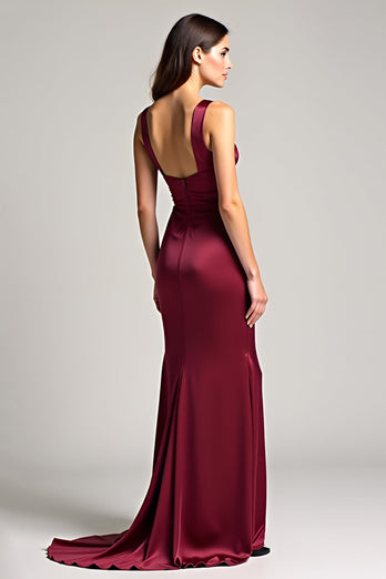 Burgundy Sheath Backless Ruched Satin Long Formal Dress