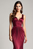 Load image into Gallery viewer, Burgundy Sheath Backless Ruched Satin Long Formal Dress