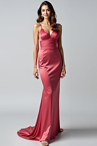 Watermelon Sheath Spaghetti Straps Ruched Long Formal Dress