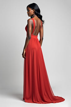 A Line Red Ruched Backless V-Neck Long Formal Dress