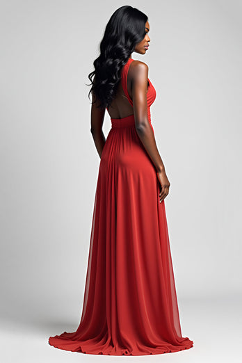 A Line Red Ruched Backless V-Neck Long Formal Dress