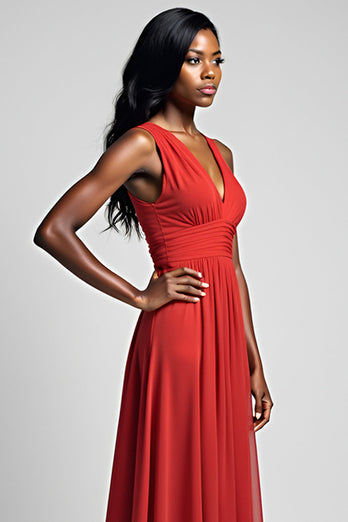 A Line Red Ruched Backless V-Neck Long Formal Dress