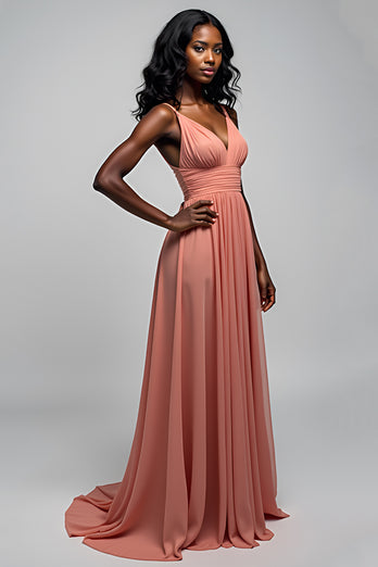 Watermelon A Line Long Ruched Chiffon Bridesmaid Dress