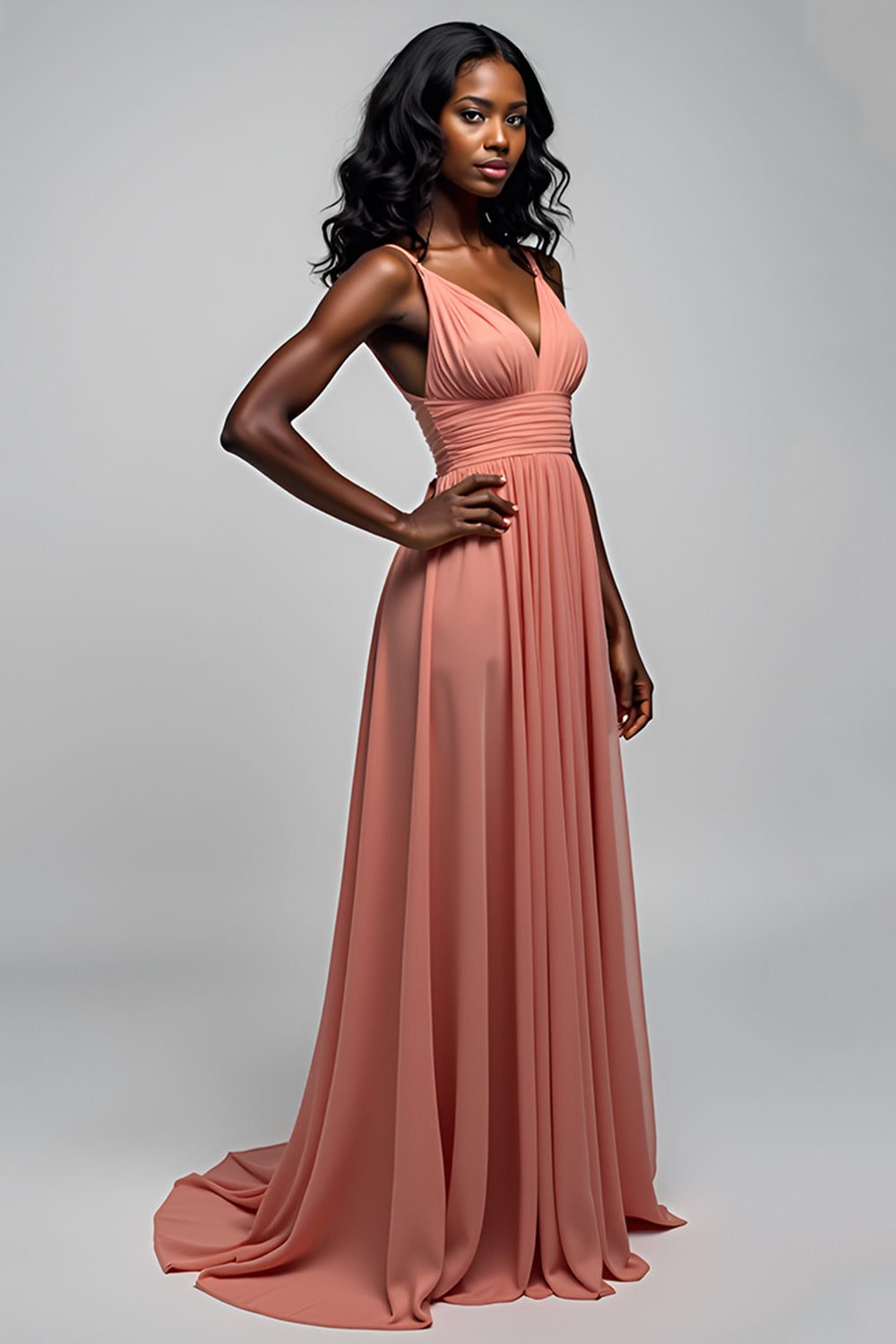 Watermelon A Line Long Ruched Chiffon Bridesmaid Dress