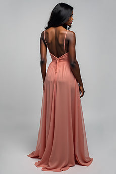 Watermelon A Line Long Ruched Chiffon Bridesmaid Dress