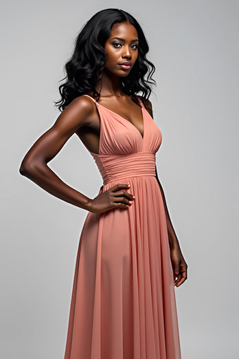 Watermelon A Line Long Ruched Chiffon Bridesmaid Dress